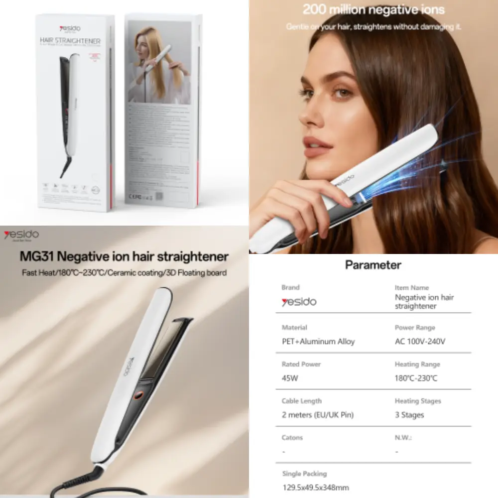 YESIDO MG31 Hair Straightener – Features and Styling YESIDO MG31 hair straightener collage showing packaging, styling plates, a woman using the tool and specifications