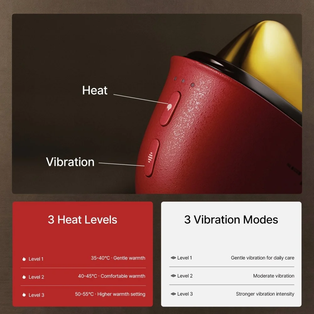 ZDEER Facial Massager – Heat and Vibration Controls ZDEER facial massager heat and vibration buttons with a chart showing three heat levels and three vibration modes