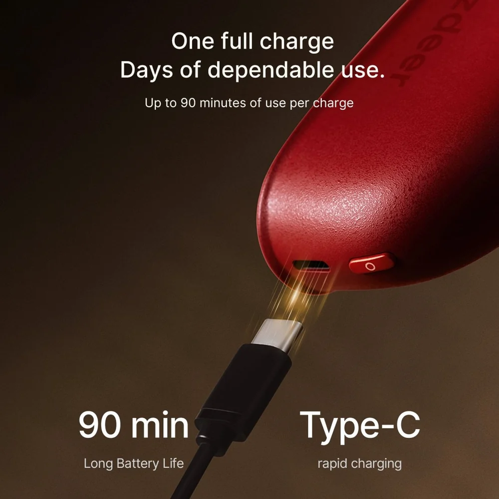ZDEER Facial Massager – USB-C Charging and Battery Red ZDEER facial massager connected to a USB-C cable, with a graphic advertising up to 90 minutes of use per charge