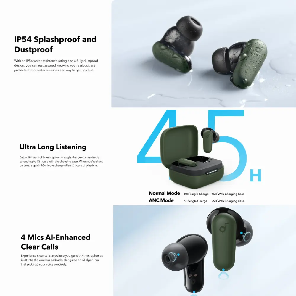 Anker Soundcore R50i NC – Splash Resistance, Battery and Calls Green Anker Soundcore R50i NC earbuds showing IP54 splash resistance, battery life and four-microphone call features