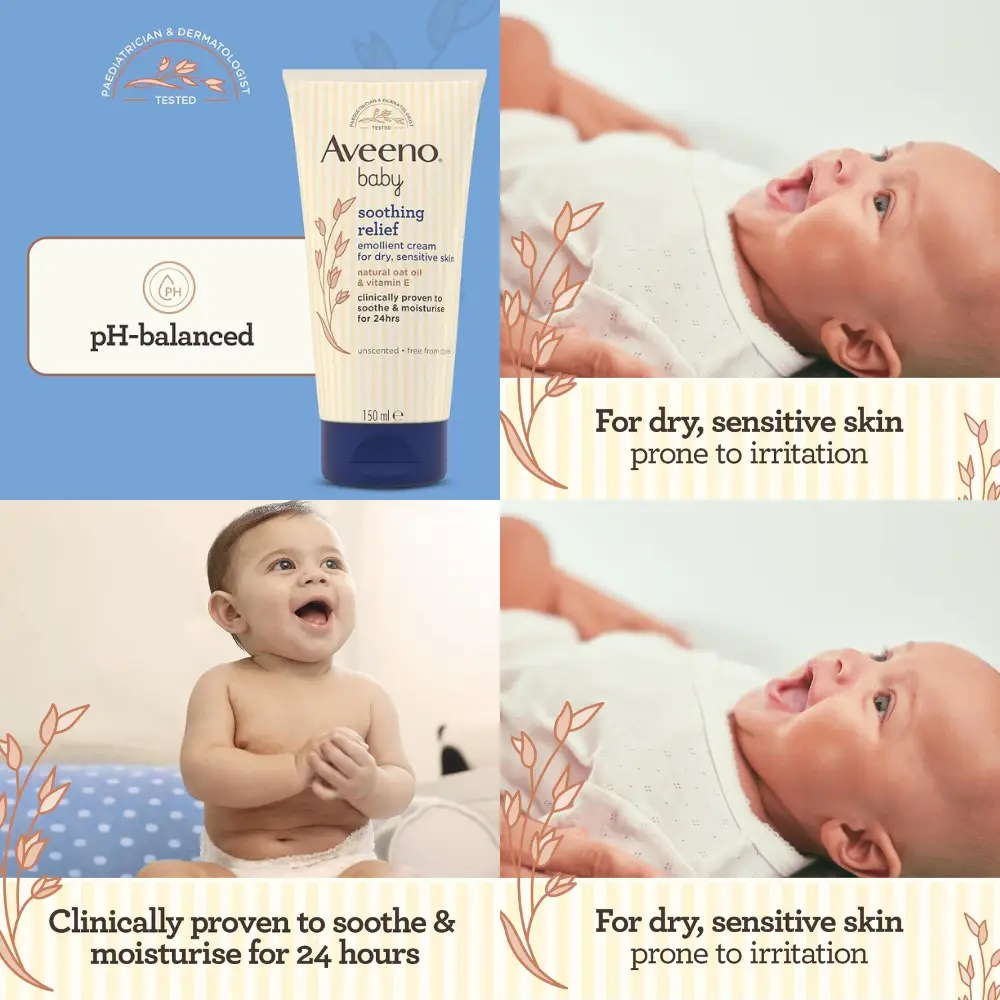 Aveeno Baby Soothing Relief Cream 150ml – Benefits Overview Aveeno Baby Soothing Relief Emollient Cream 150ml beside baby photos, highlighting pH balance and 24-hour moisturisation