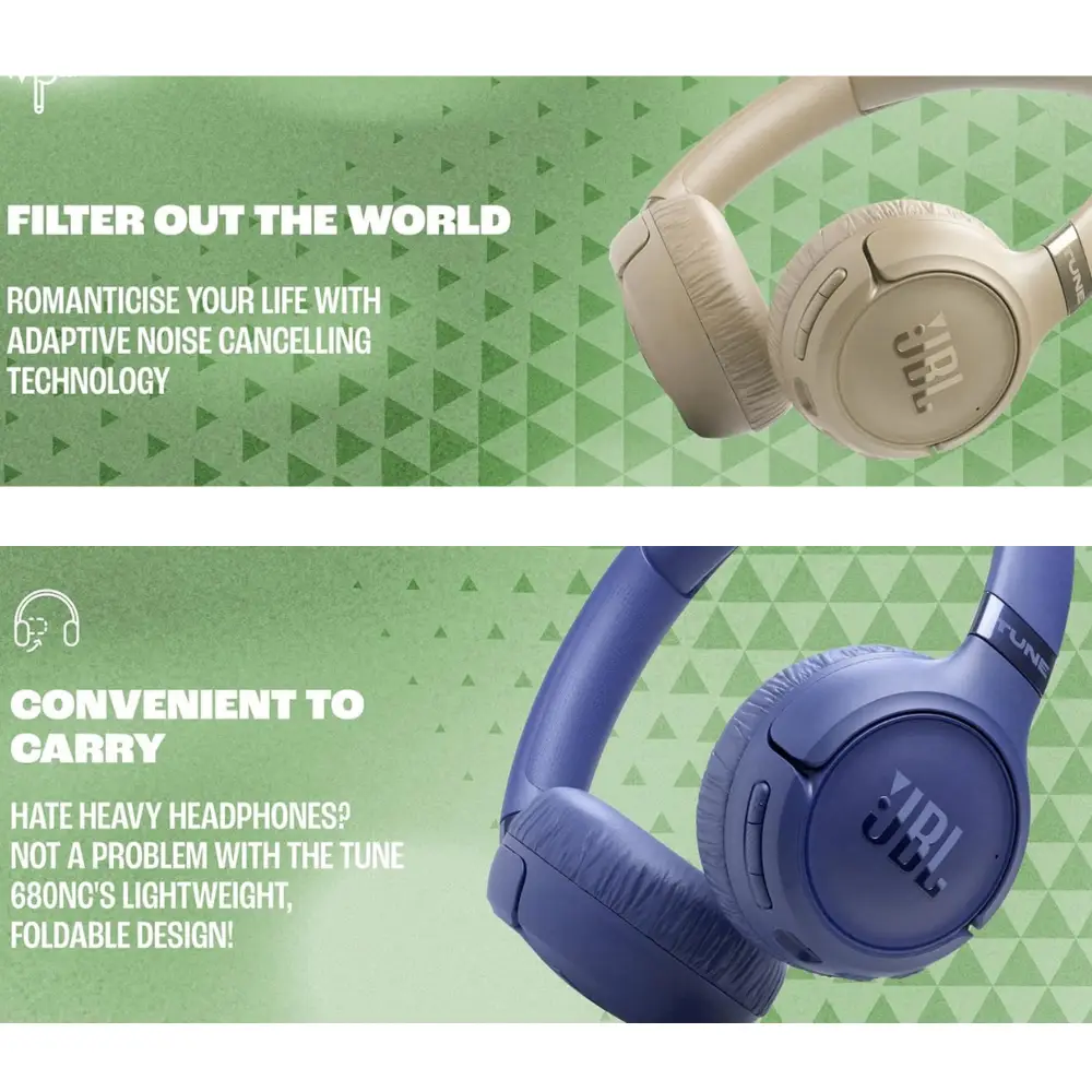 JBL Tune 680NC Noise Cancelling and Portable Design Two-panel JBL Tune 680NC image showing beige and blue headphones with noise cancelling and portability information