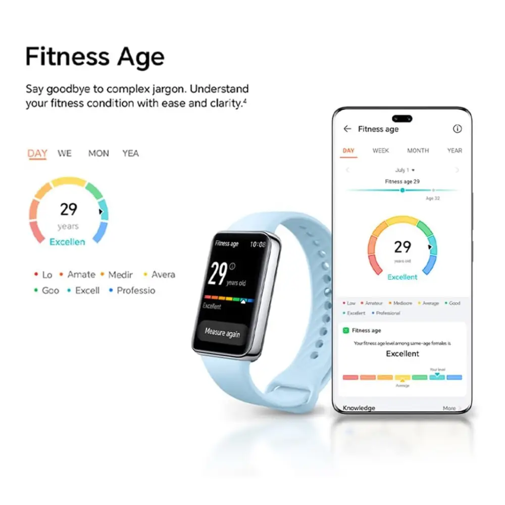 HONOR Band 9 – Fitness Age Feature Blue HONOR Band 9 beside a smartphone displaying an example Fitness Age result of 29