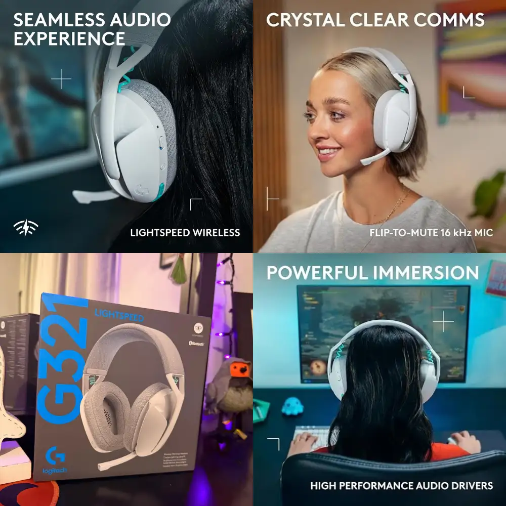 Logitech G321 LIGHTSPEED White – Gaming Lifestyle Logitech G321 LIGHTSPEED white headset collage showing gamers wearing it, the boom microphone and retail box