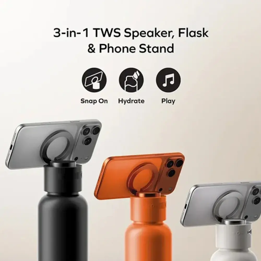 MOMAX 1-Vibe Bottle supporting a smartphone with its magnetic stand