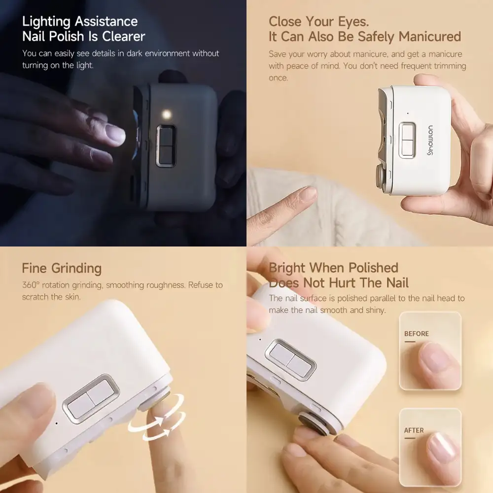 SHOWLON Electric Nail Clipper – Light, Trimming and Polishing White SHOWLON electric nail clipper demonstrating its auxiliary light, nail trimming and polishing functions