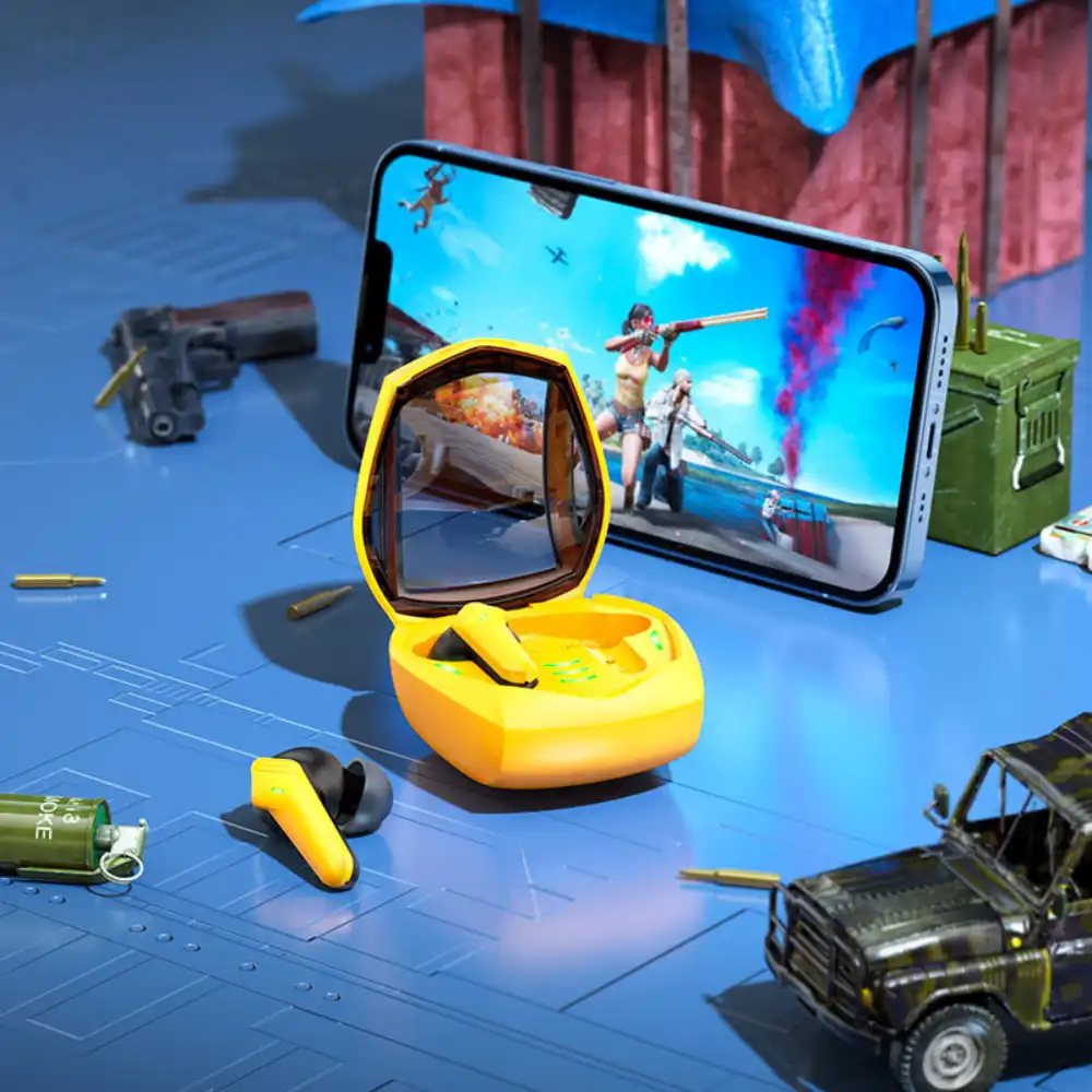 HOCO EW28 Magic Yellow Gaming Earbuds Display Yellow HOCO EW28 Magic earbuds and open charging case in front of a smartphone showing a mobile game