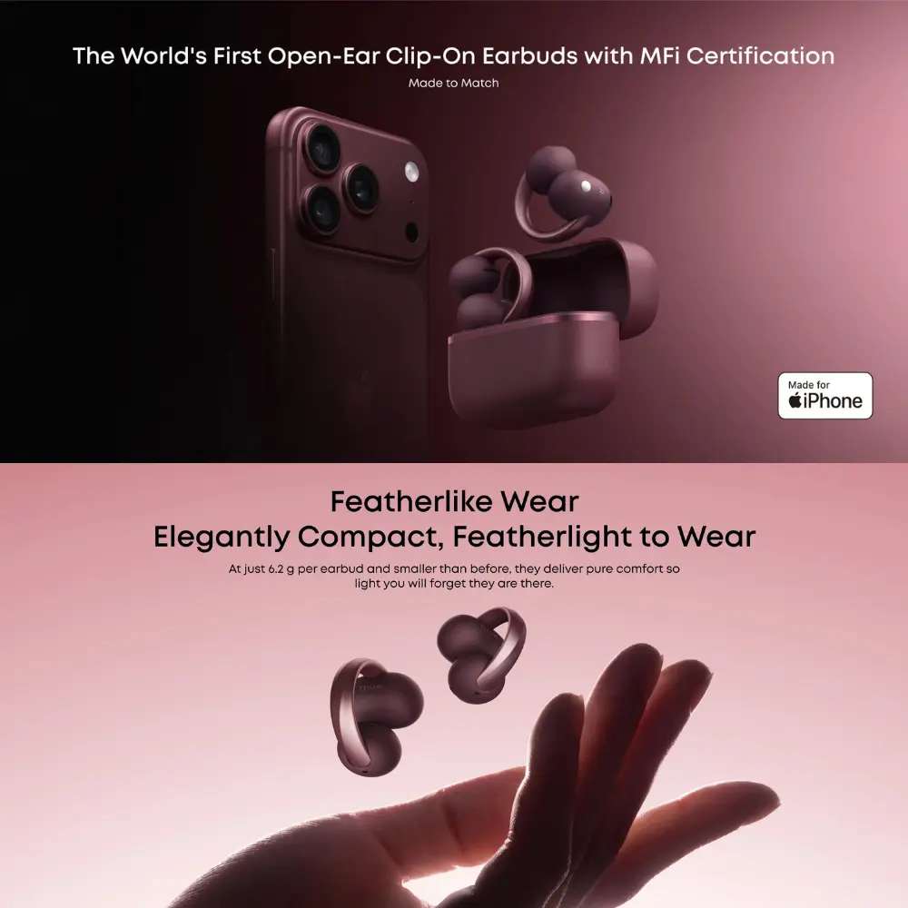 Anker Soundcore AeroClip 2 iPhone and Lightweight Design Burgundy Anker Soundcore AeroClip 2 earbuds with an iPhone, Made for iPhone badge and 6.2g weight graphic