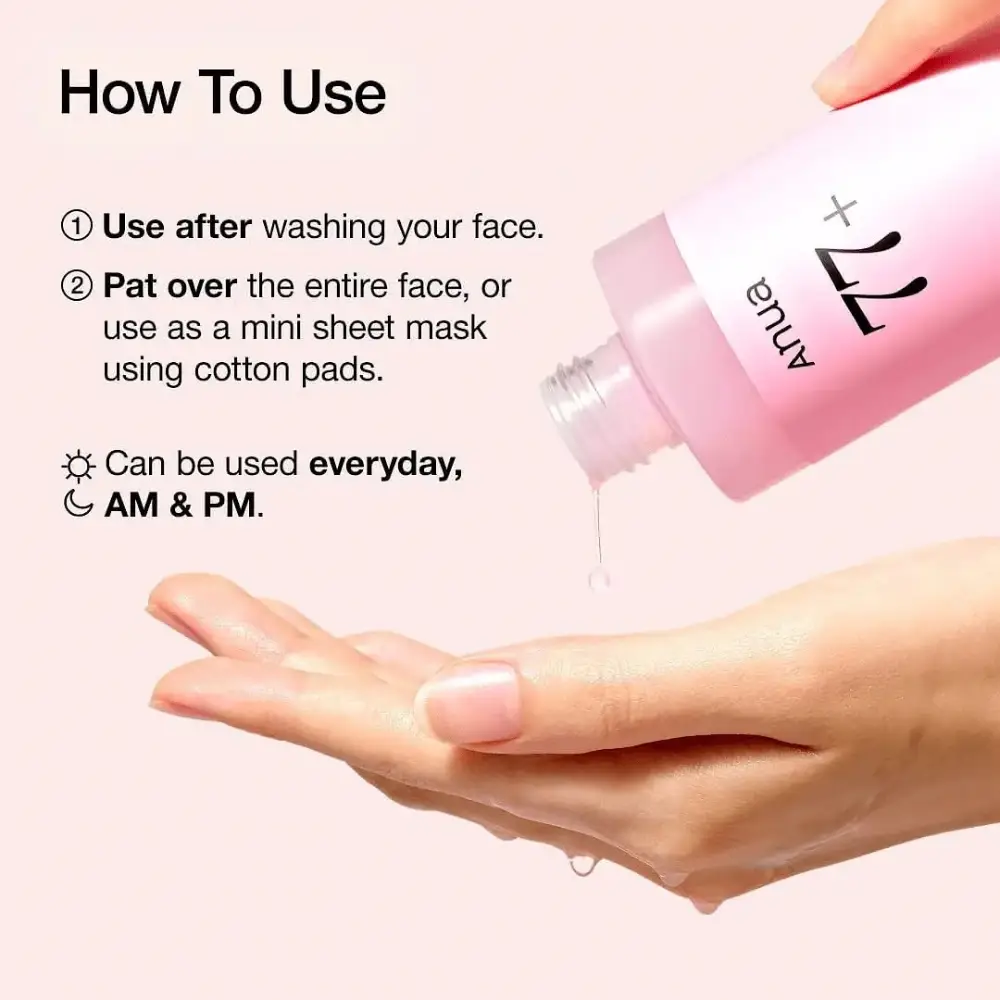 How to Use ANUA Peach 77 Niacin Essence Toner ANUA Peach 77 Niacin Essence Toner being poured into a palm beside application instructions