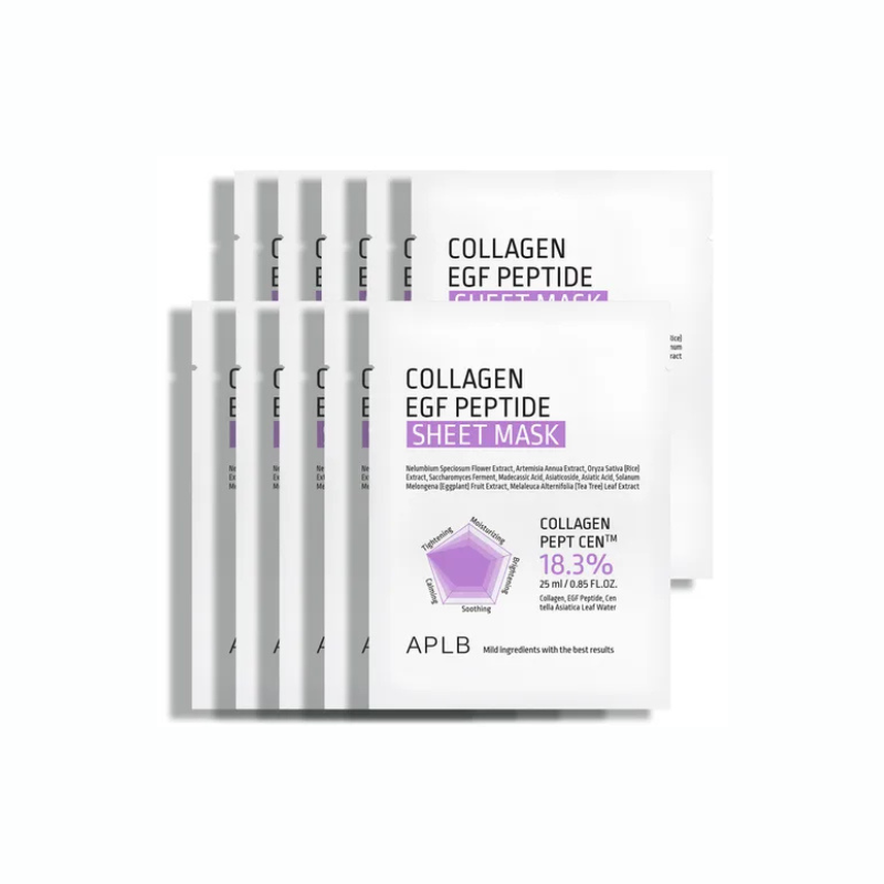 APLB Collagen EGF Peptide Sheet Mask 25ml APLB Collagen EGF Peptide Sheet Mask 25ml white sachet with purple label and ingredient chart