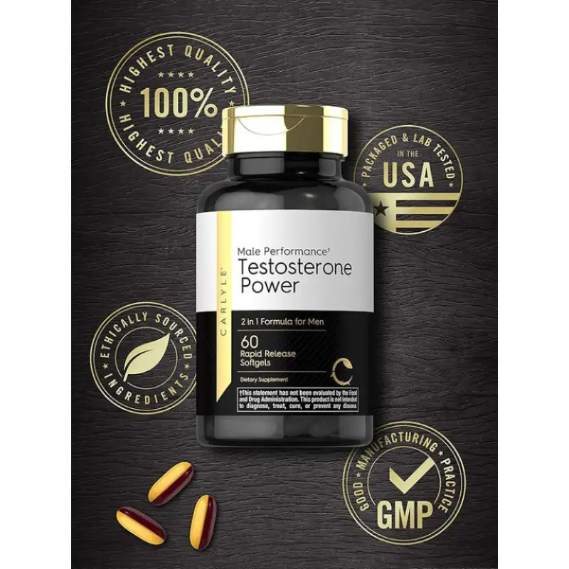 Carlyle Testosterone Power 60 Softgels Product Display Carlyle Testosterone Power 60-softgel bottle with three softgels and gold promotional badges on a dark background