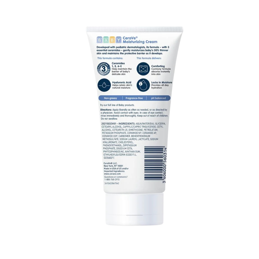 CeraVe Baby Moisturizing Cream Back Packaging CeraVe Baby Moisturizing Cream back label showing ingredients, directions and barcode