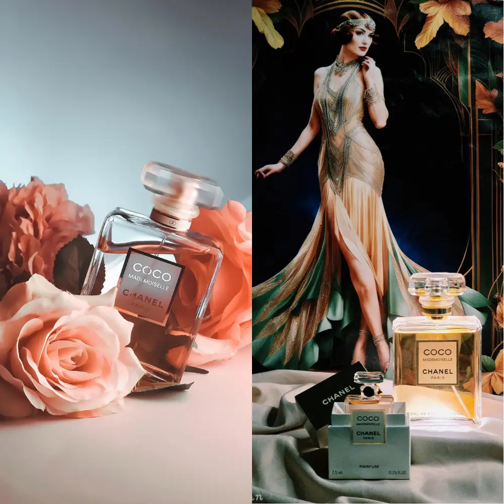 CHANEL Coco Mademoiselle perfume bottle in a styled display