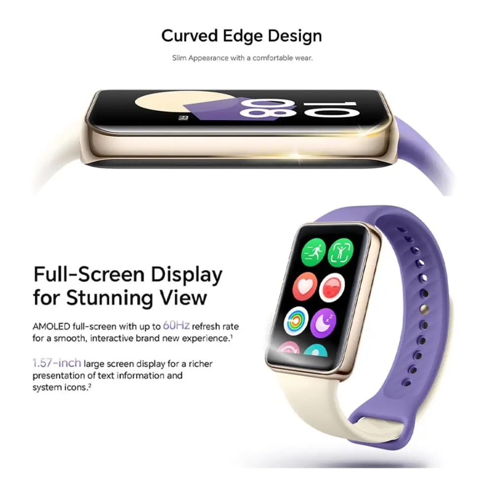 HONOR Band 9 – Curved Edge Design and AMOLED Display HONOR Band 9 with purple strap showing its curved-edge body and AMOLED display from two angles
