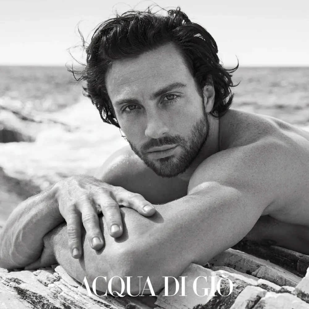 Giorgio Armani Acqua di Gio Campaign Image Black-and-white Acqua di Gio campaign portrait of a man resting on seaside rocks