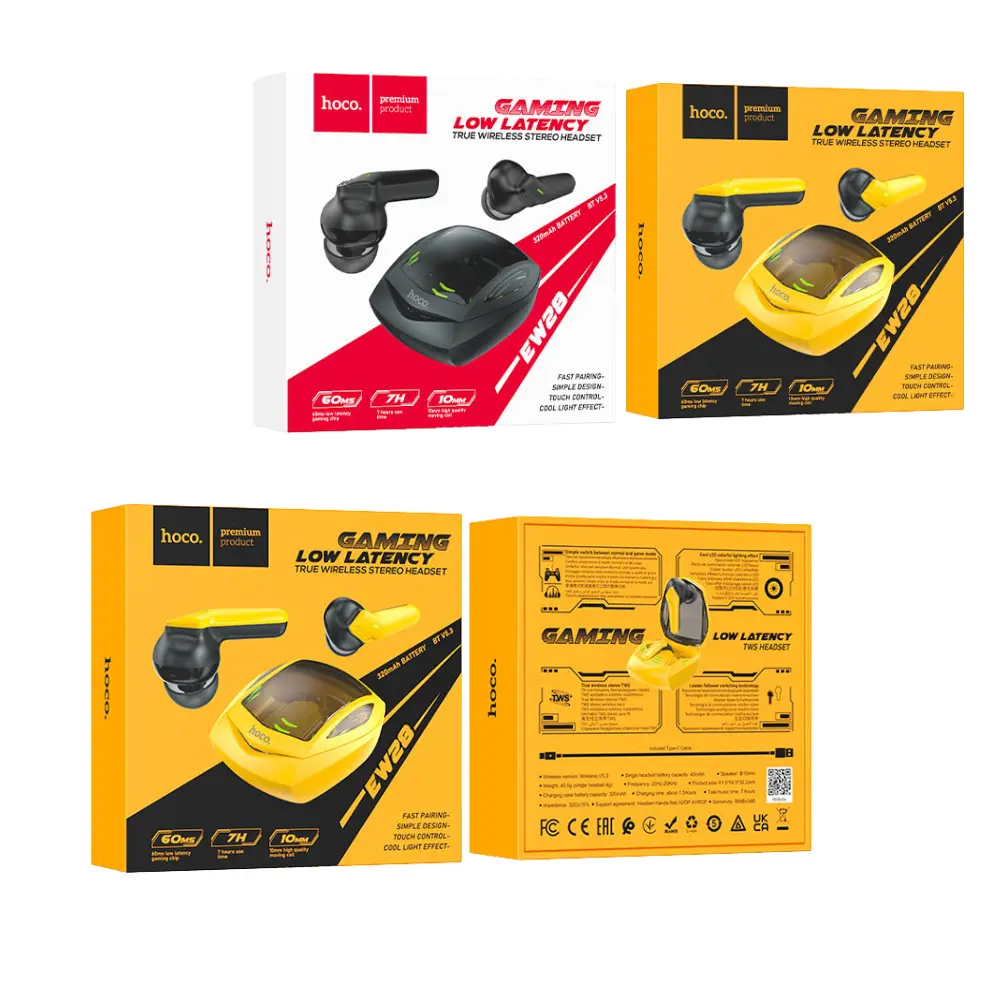 HOCO EW28 Magic Gaming Earbuds Packaging HOCO EW28 Magic TWS gaming earbuds retail packaging showing black and yellow versions
