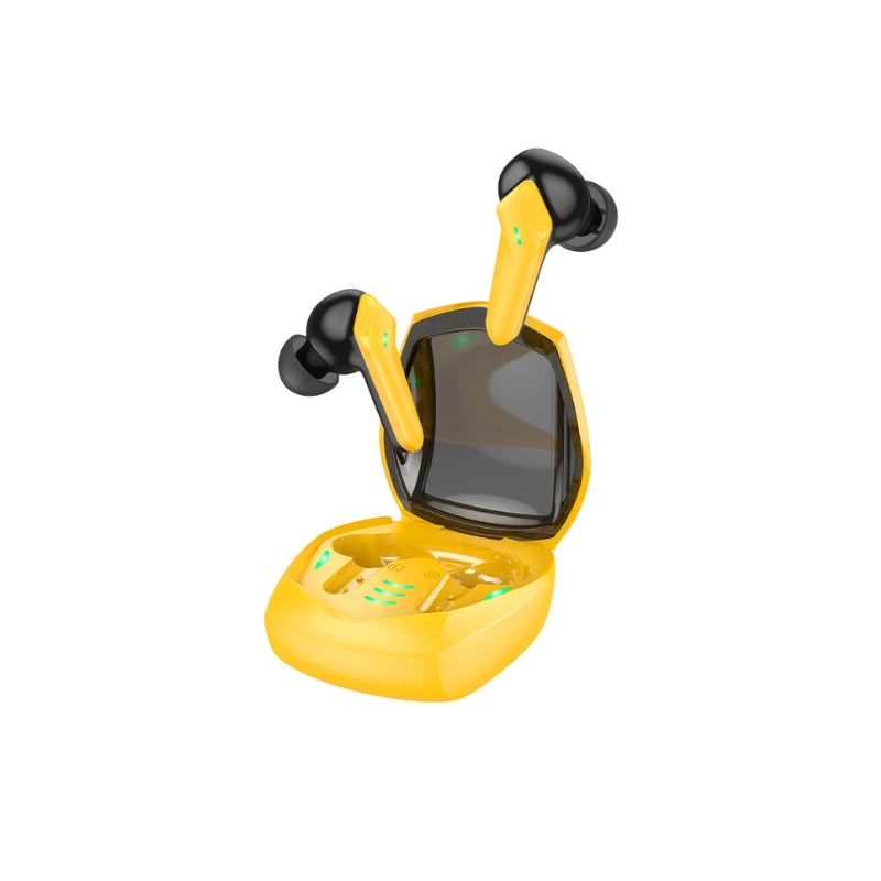HOCO EW28 Magic TWS Gaming Earbuds Yellow Yellow HOCO EW28 Magic gaming earbuds above an open yellow charging case with green lighting