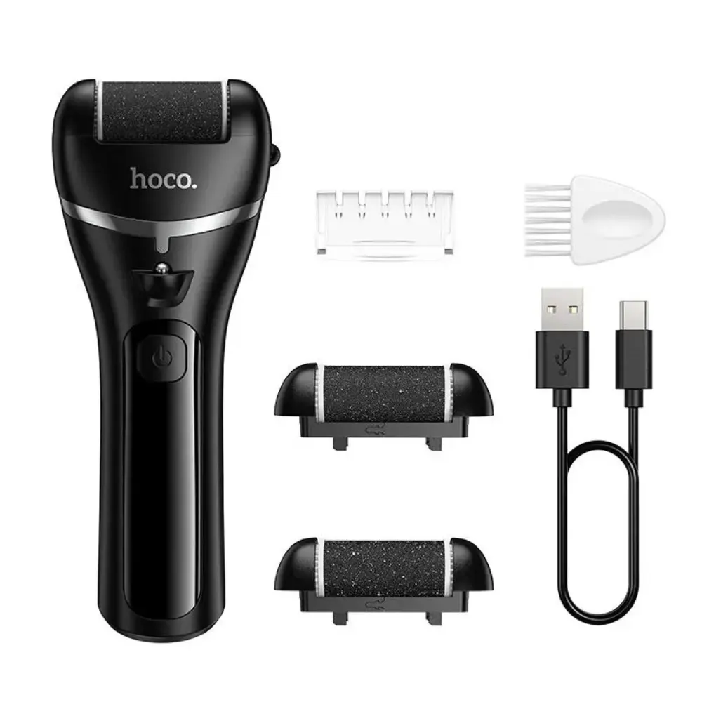 HOCO HP90 Electric Foot File – Rollers and Accessories HOCO HP90 Electric Foot File with two spare rollers, protective cover, cleaning brush and USB-C cable