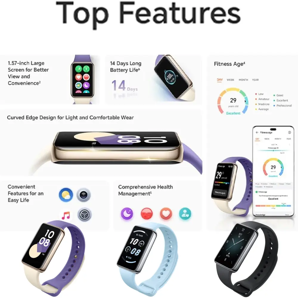 HONOR Band 9 – Top Features and Colour Options HONOR Band 9 feature collage with purple, blue and black bands, display details and Fitness Age app screens