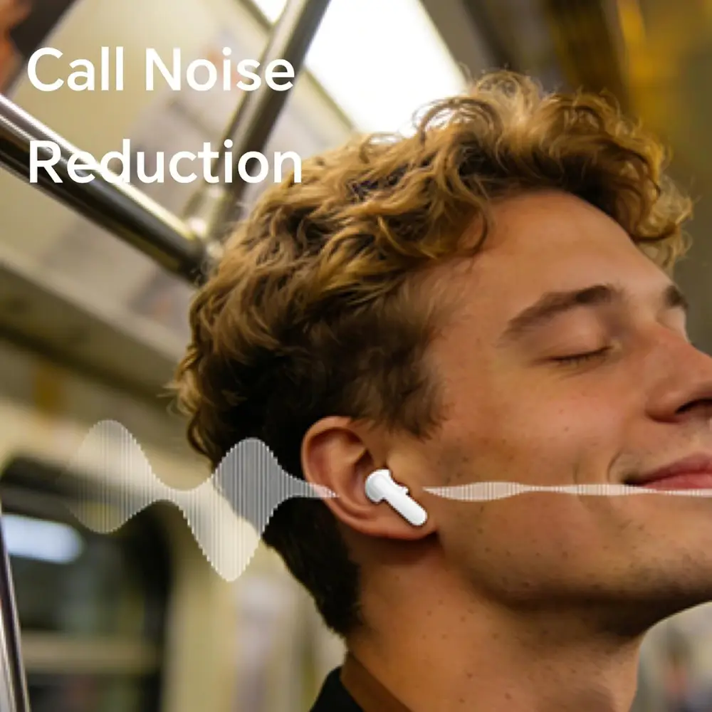 Person wearing white HONOR Earbuds X10 Lite wireless earbuds