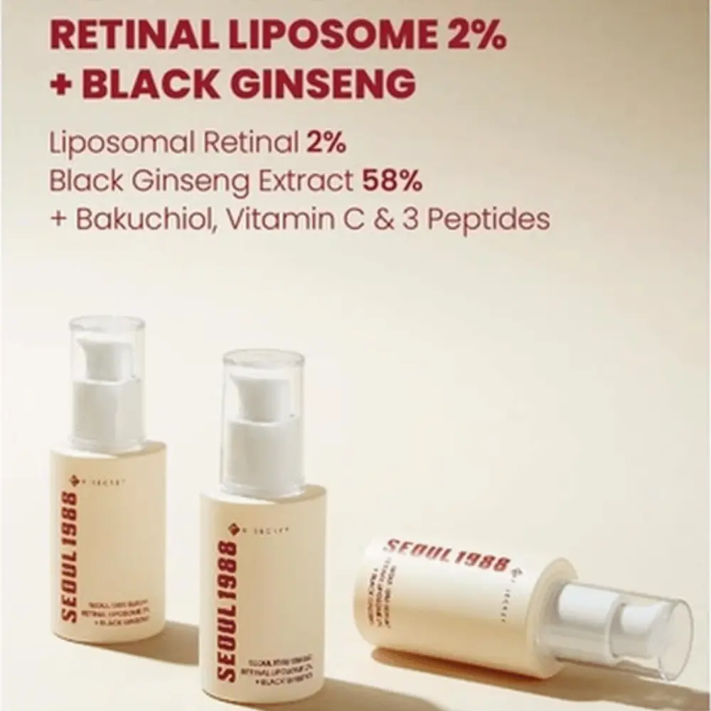 K-SECRET Seoul 1988 Serum Key Ingredients Three K-SECRET Seoul 1988 Serum bottles with Retinal Liposome and Black Ginseng ingredient information