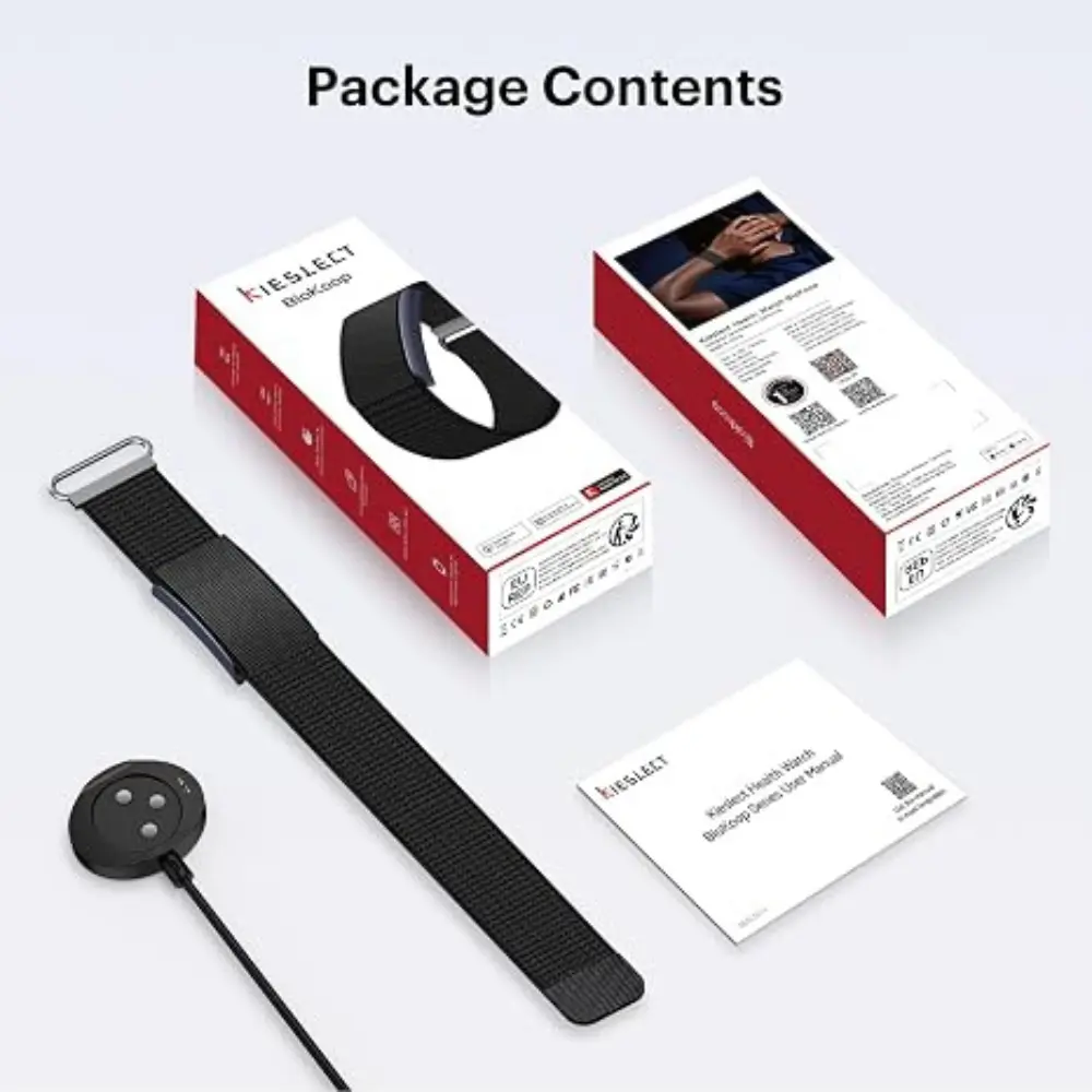 Kieslect Biokoop Health Tracker – Package Contents Kieslect Biokoop Health Tracker with black strap, magnetic charging cable, user manual and retail box