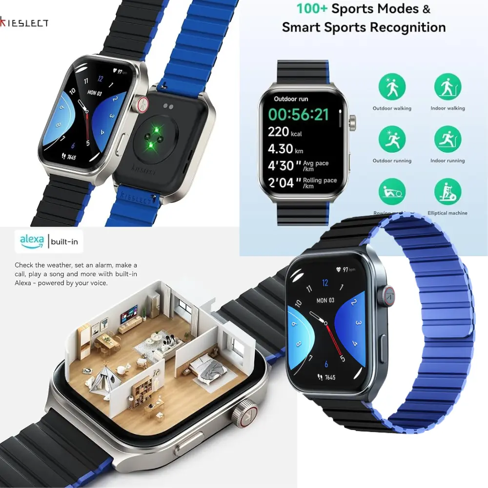 Kieslect KS2 Calling Smart Watch – Sports and Features Kieslect KS2 smartwatch feature collage showing front and rear views, workout screen and black and blue strap