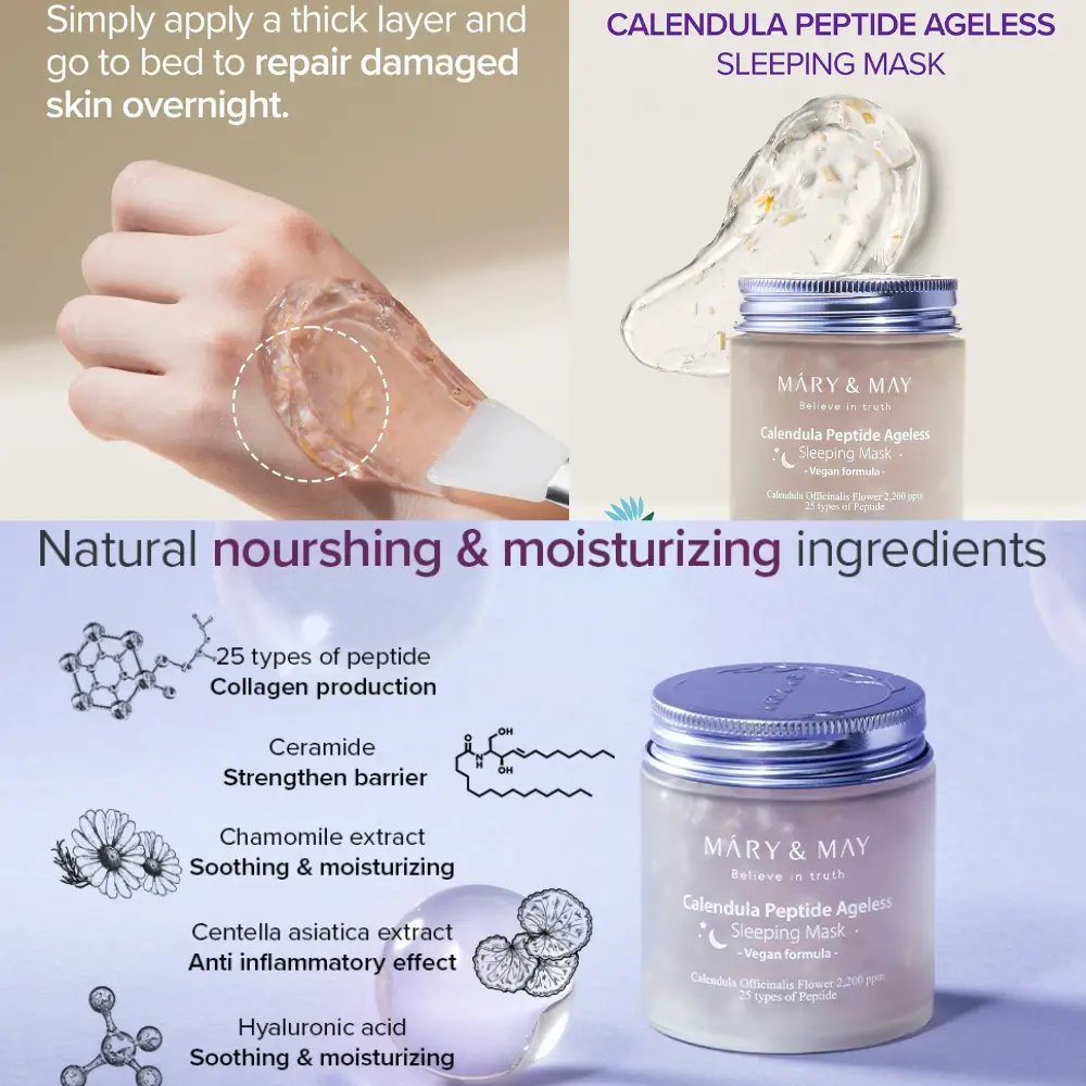 Mary&May Calendula Peptide Sleeping Mask – Ingredients & Texture Mary&May Calendula Peptide Sleeping Mask jars, gel applied to a hand and an ingredient infographic