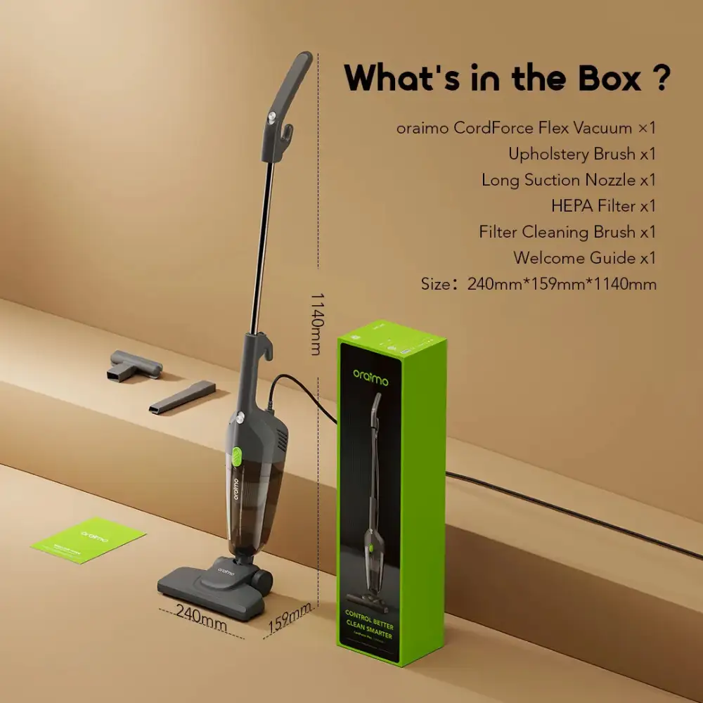 Oraimo CordForce Flex OSV-252A Box Contents Oraimo CordForce Flex OSV-252A vacuum with retail box, cleaning attachments and package contents graphic
