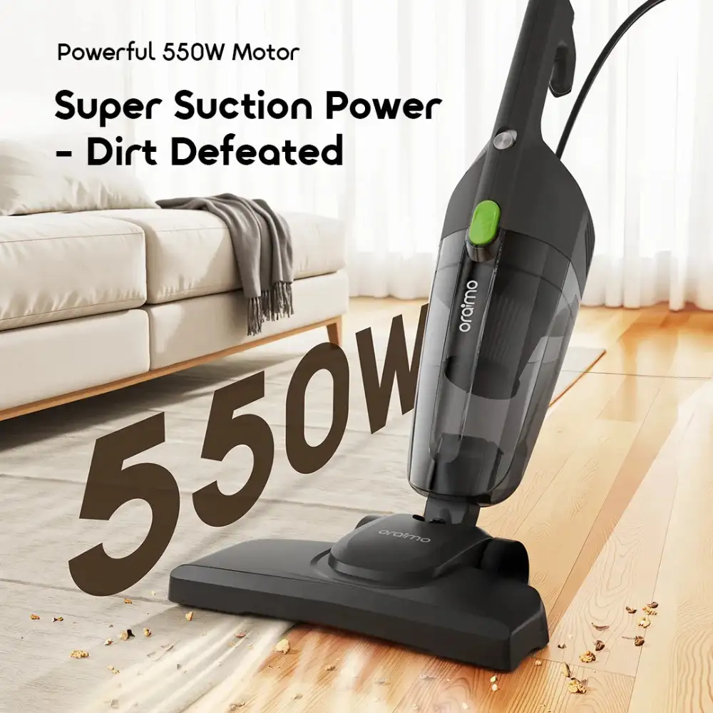 Oraimo CordForce Flex 550W Motor Oraimo CordForce Flex vacuum cleaning crumbs beside a rug with a 550W motor feature graphic