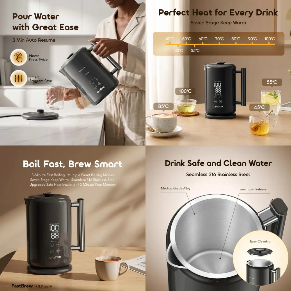 Oraimo FastBrew Temperature Control and Interior Oraimo FastBrew collage showing pouring, temperature settings, digital display and stainless steel interior