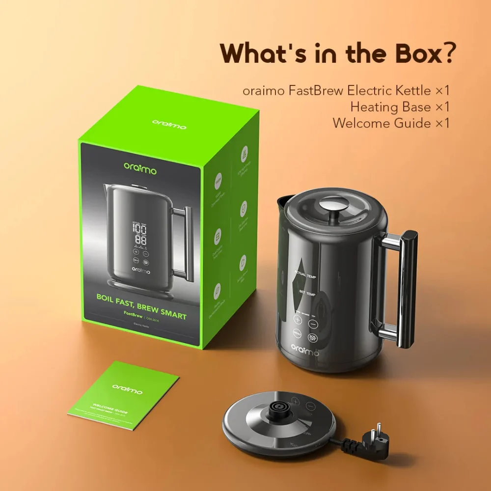 Oraimo FastBrew OEK-261A Box Contents Oraimo FastBrew OEK-261A kettle with heating base, retail box and welcome guide