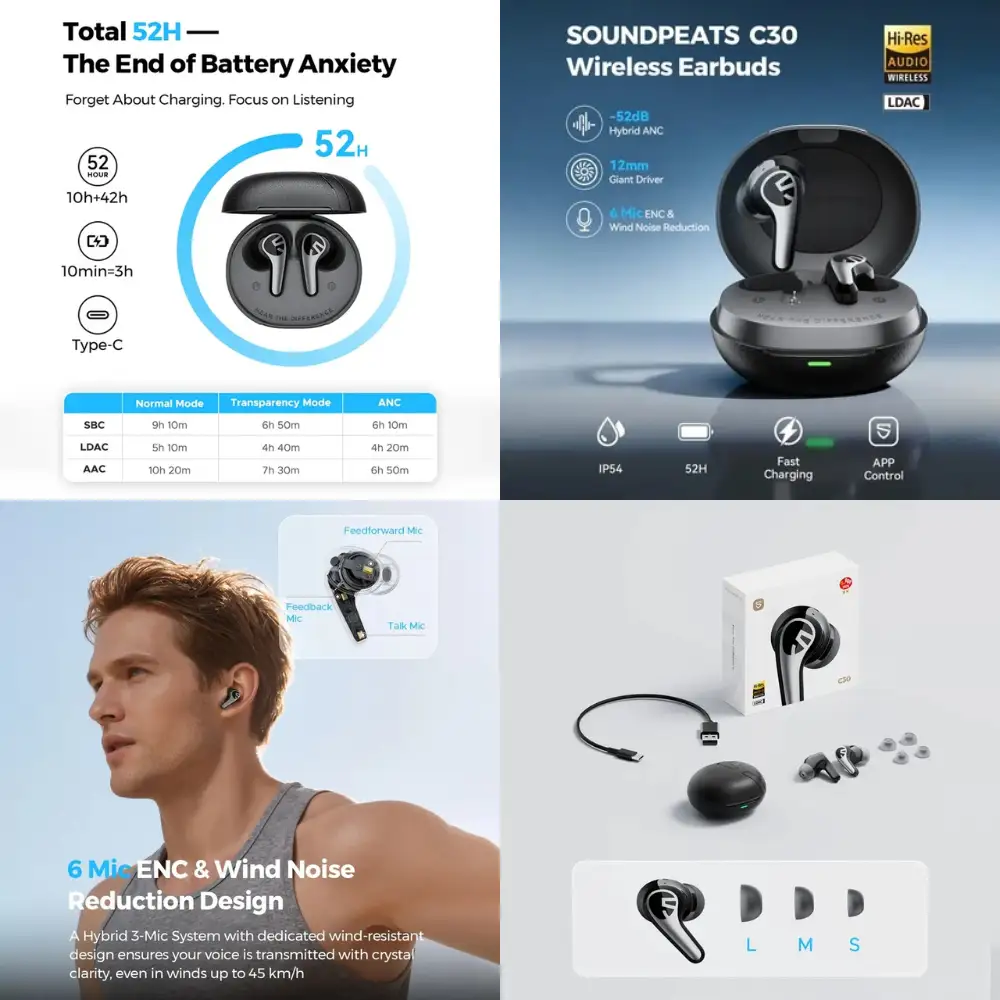 SOUNDPEATS C30 Battery, Microphones and Accessories SOUNDPEATS C30 collage showing battery information, black earbuds, microphone design, charging cable, ear tips and retail box