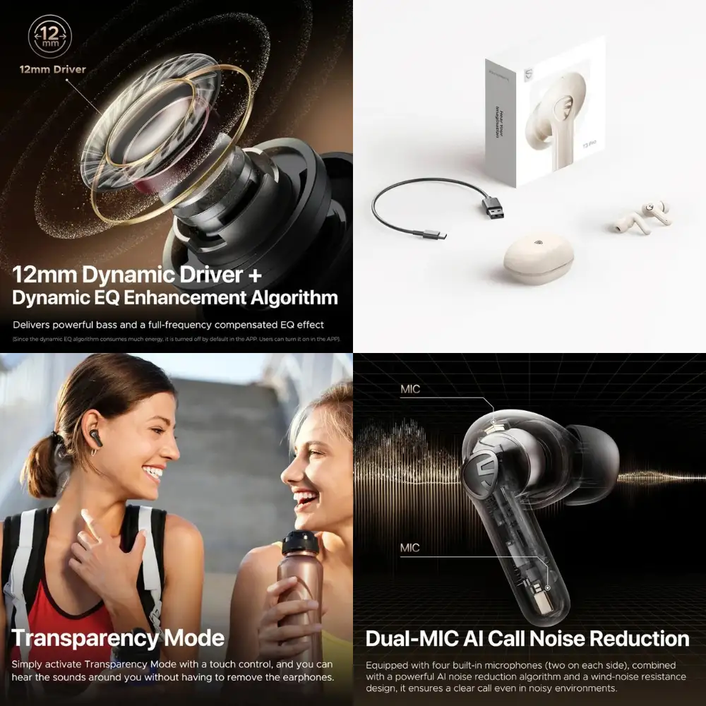 SOUNDPEATS T3 Pro Driver and Call Features SOUNDPEATS T3 Pro collage showing a driver illustration, beige earbuds with accessories, transparency mode and microphone layout