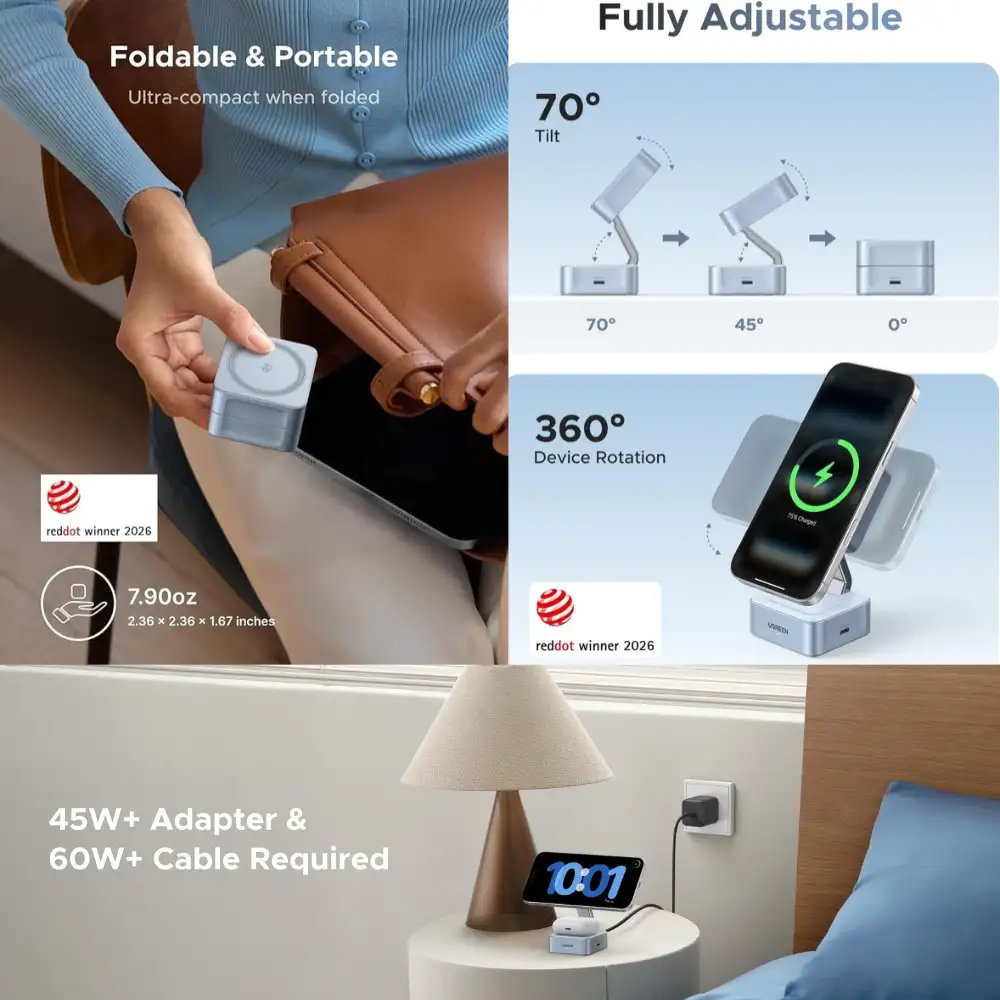 UGREEN W752 Foldable and Adjustable Stand UGREEN W752 collage showing its folded travel size, 70-degree tilt, 360-degree phone rotation and bedside use