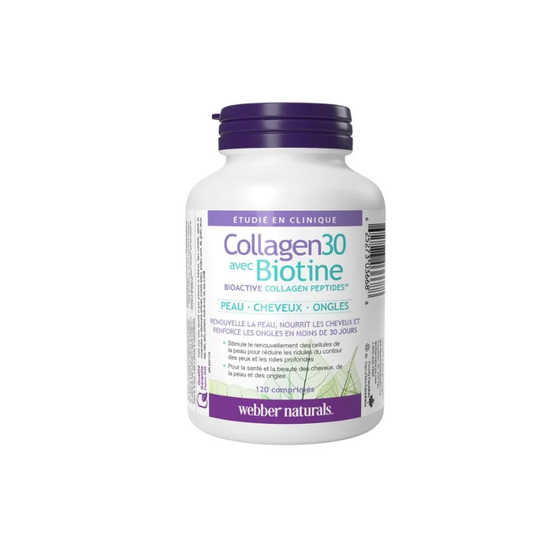 Webber Naturals Collagen30 with Biotin 120 Tablets Webber Naturals Collagen30 with Biotin 120 tablets front bottle label