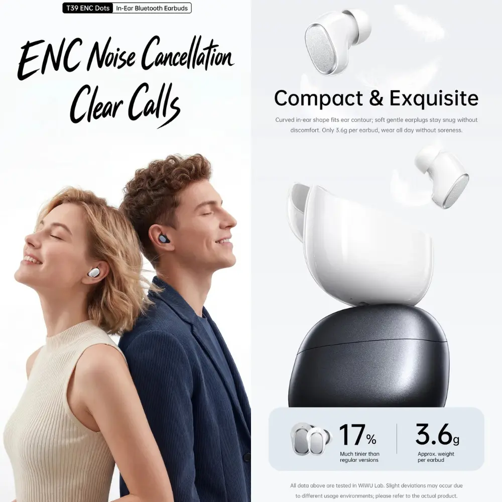 WiWU T39 Everyday Wear Person wearing WiWU T39 ENC Dots wireless earbuds