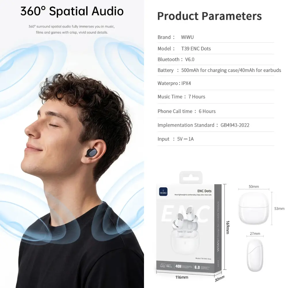 WiWU T39 Everyday Wear and product perameters Person wearing WiWU T39 ENC Dots wireless earbuds