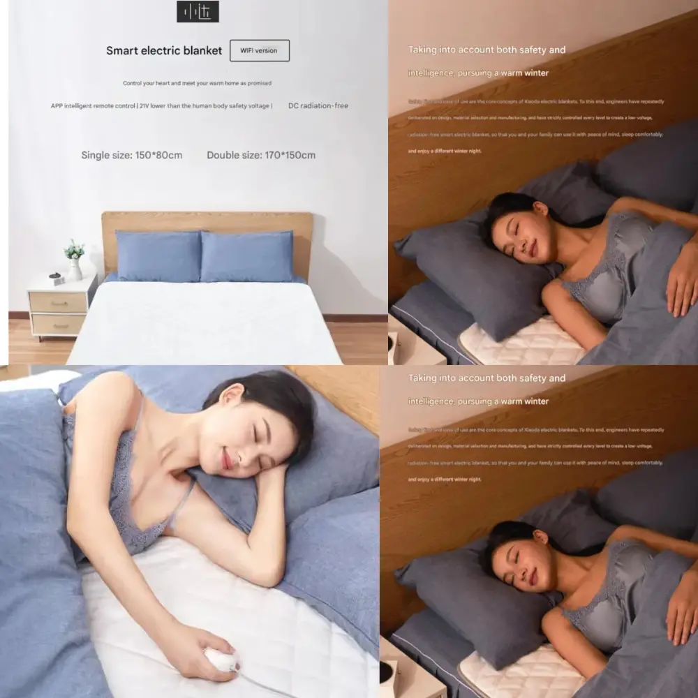 Xiaoda Smart Electric Blanket – Bedroom Lifestyle Xiaoda smart electric blanket lifestyle collage showing bed placement and a woman holding the controller