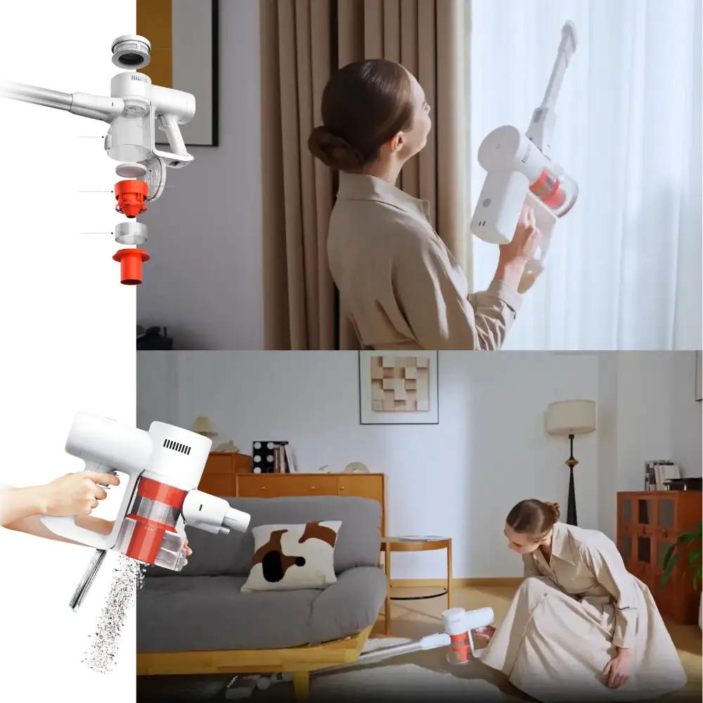 Xiaomi Mijia Vacuum Cleaner 4 C Cleaning and Filtration Xiaomi Mijia Vacuum Cleaner 4 C collage showing filters, dust emptying, curtain and under-sofa cleaning