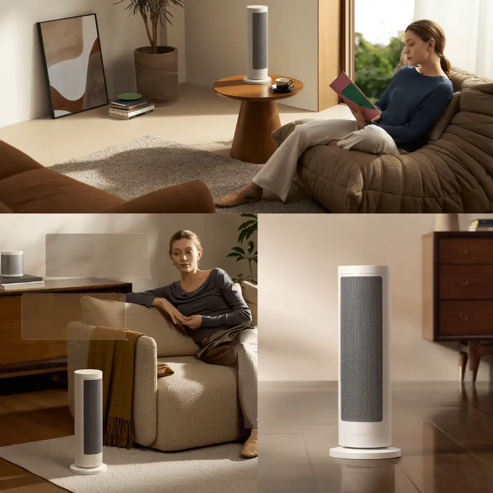 Xiaomi Mijia Graphene Heater Living Room Xiaomi Mijia Graphene Heater lifestyle collage showing the white tower heater in living room settings