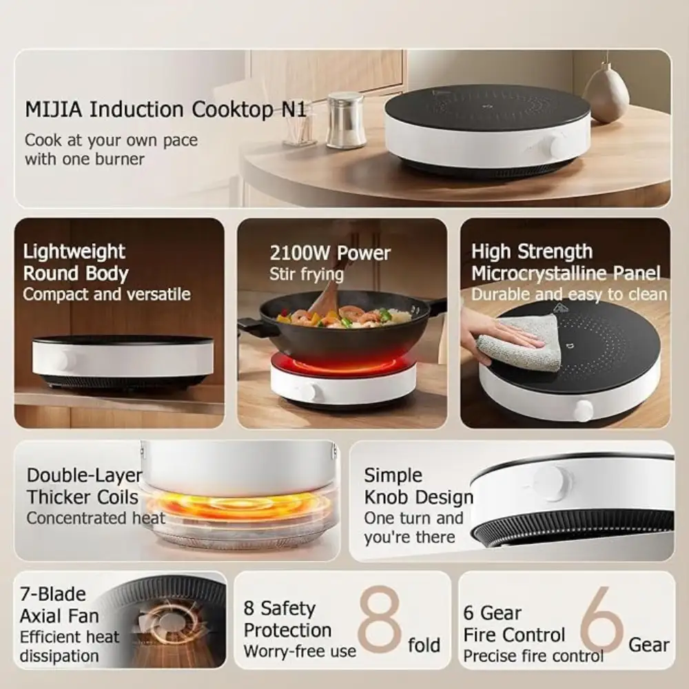 Xiaomi Mijia N1 Cooking Setup Xiaomi Mijia N1 induction cooker with cookware on its cooking zone