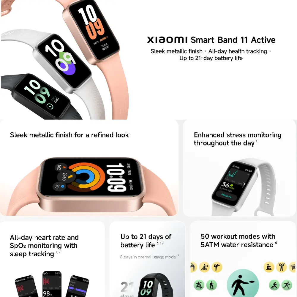 Xiaomi Smart Band 11 Active in Black, Gray and Pomelo Pink