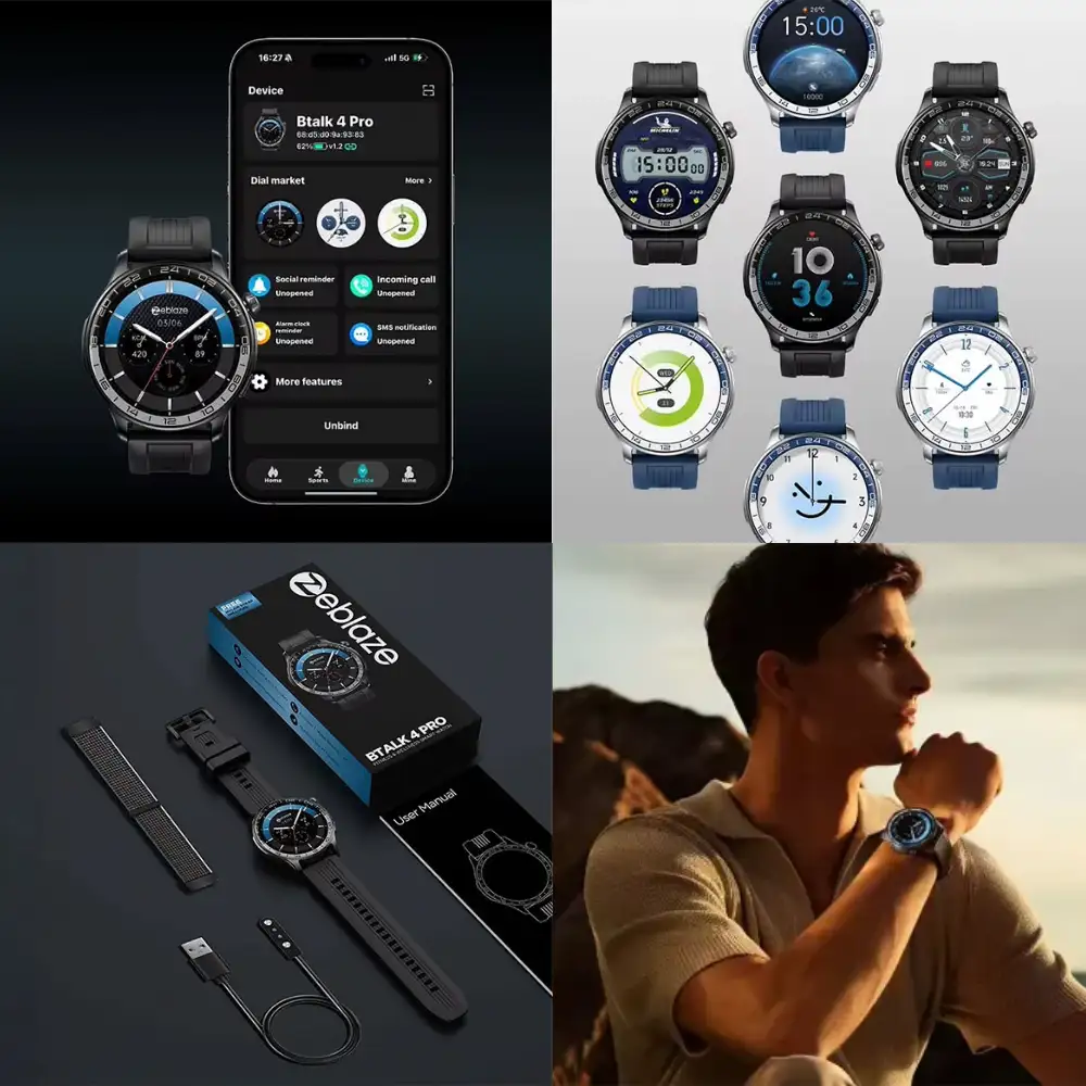 Zeblaze Btalk 4 Pro – App, Watch Faces and Accessories Zeblaze Btalk 4 Pro collage showing its companion app, watch faces, package contents and a person wearing the watch